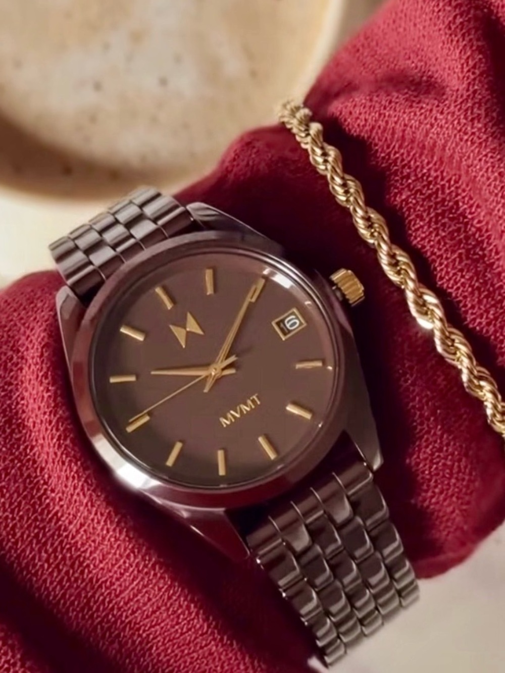MVMT Rise Boyfriend Ceramic in Napa Red Watch Gold Accent & Date 7.5” NWOT